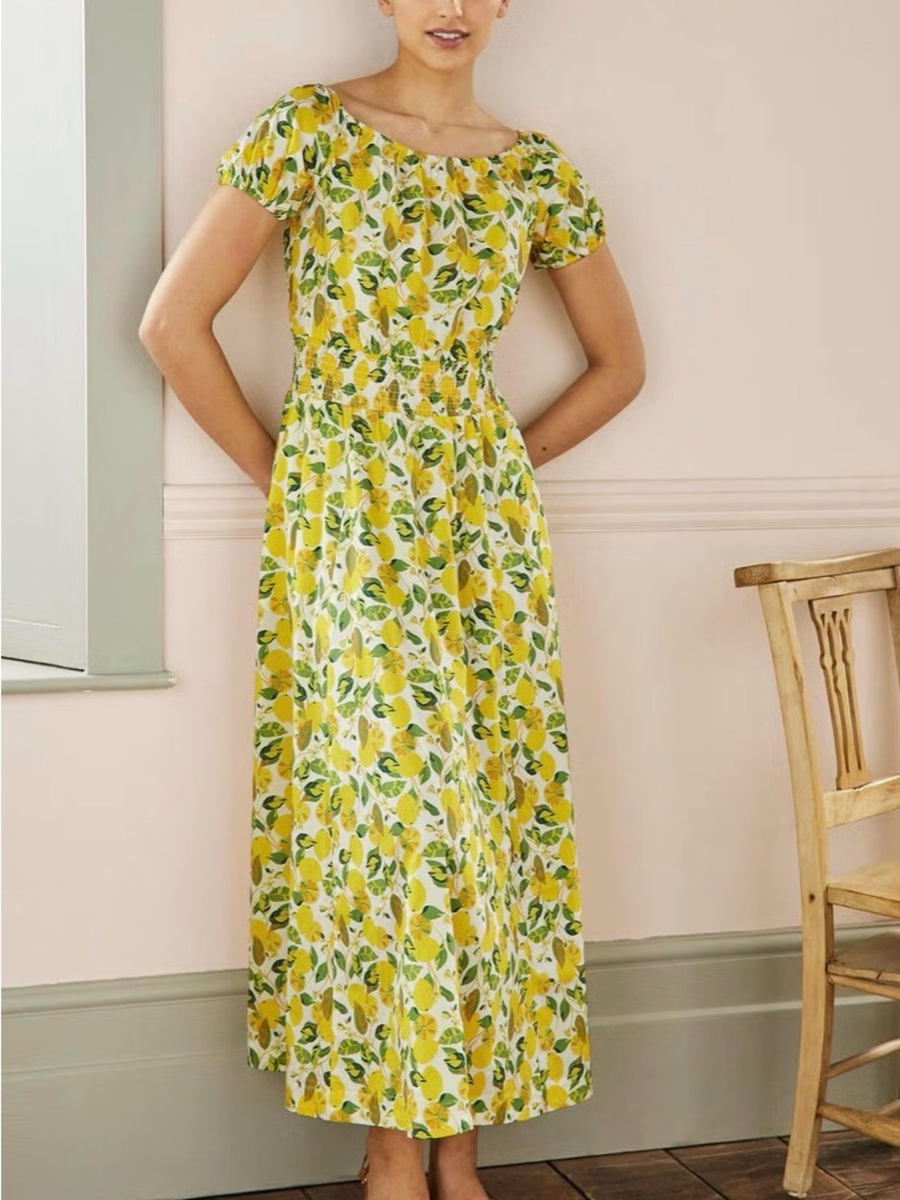 Boden Lemon Vine Print Smocked Maxi Dress Size 4 Yellow Green Ivory